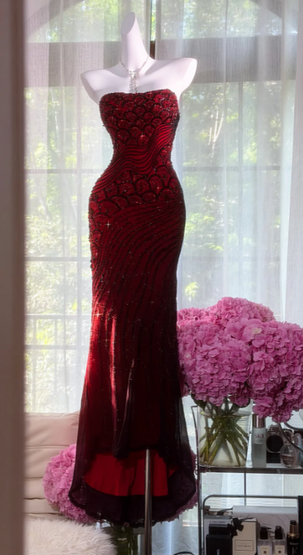Pretty Burgundy Beaded Prom Dress Sheath Chiffon Long Evening Dress ED11152