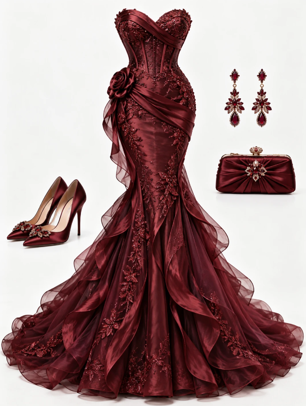 Pretty Burgundy Prom Dress Mermaid Tulle Long Evening Dress ED11156