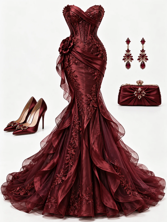 Pretty Burgundy Prom Dress Mermaid Tulle Long Evening Dress ED11156