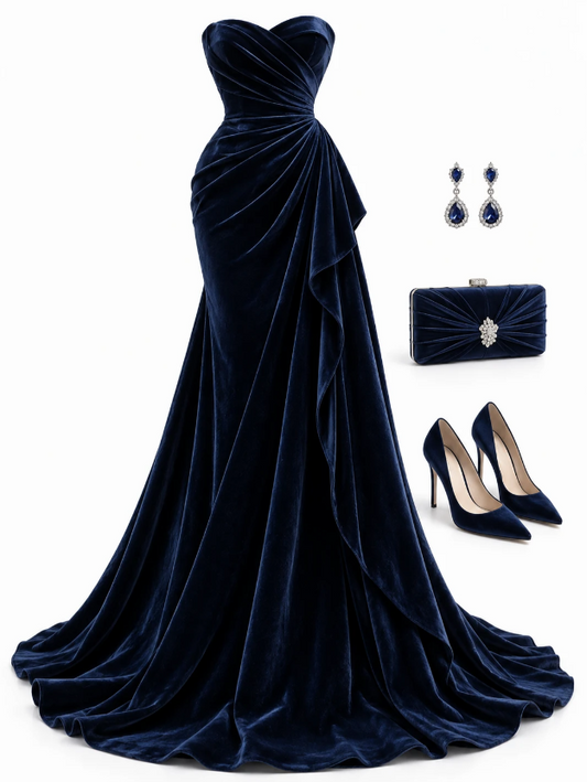 Pretty Navy Blue Prom Dress Sheath Velvet Long Evening Dress ED11160