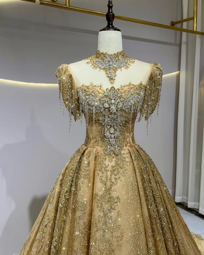 Pretty Gold Prom Dress A-Line Tulle Long Evening Dress ED11167