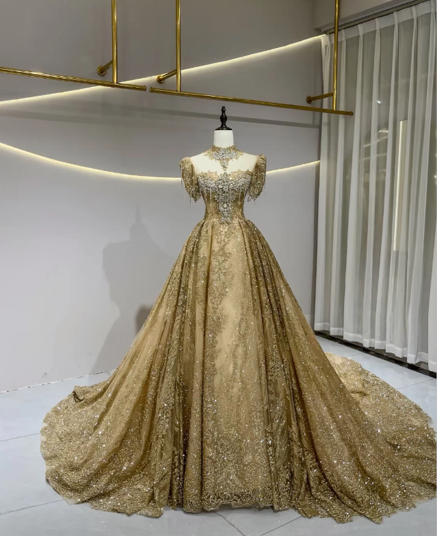 Pretty Gold Prom Dress A-Line Tulle Long Evening Dress ED11167