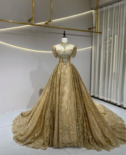Pretty Gold Prom Dress A-Line Tulle Long Evening Dress ED11167