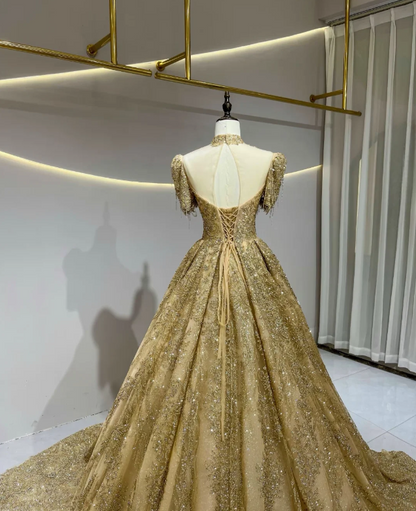 Pretty Gold Prom Dress A-Line Tulle Long Evening Dress ED11167