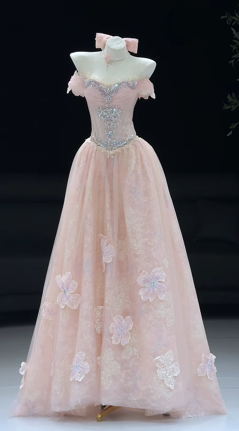 Jolie robe de bal rose, coupe trapèze en tulle, robe de soirée longue ED11168