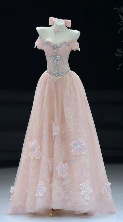 Jolie robe de bal rose, coupe trapèze en tulle, robe de soirée longue ED11168