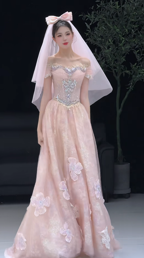Jolie robe de bal rose, coupe trapèze en tulle, robe de soirée longue ED11168