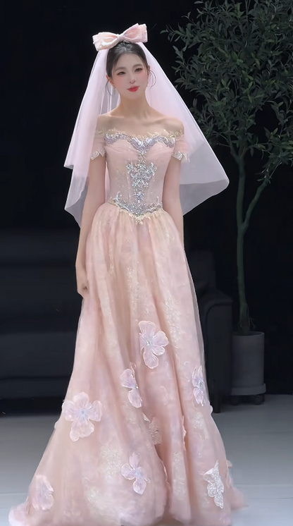 Jolie robe de bal rose, coupe trapèze en tulle, robe de soirée longue ED11168