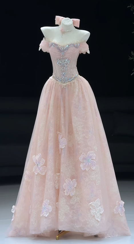Jolie robe de bal rose, coupe trapèze en tulle, robe de soirée longue ED11168