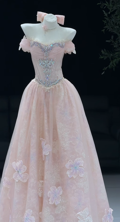 Jolie robe de bal rose, coupe trapèze en tulle, robe de soirée longue ED11168