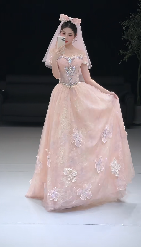 Jolie robe de bal rose, coupe trapèze en tulle, robe de soirée longue ED11168