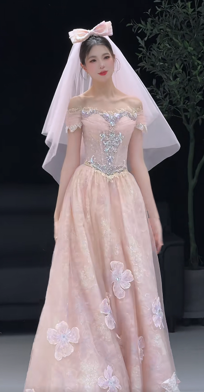 Jolie robe de bal rose, coupe trapèze en tulle, robe de soirée longue ED11168