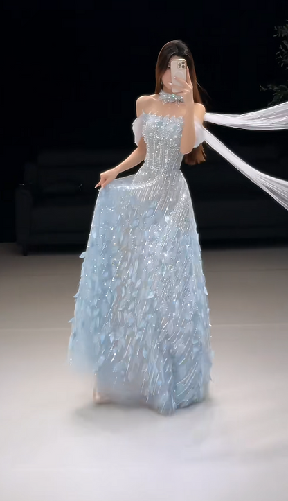 Pretty Pale Blue Prom Dress A-Line Tulle Long Evening Dress ED11175