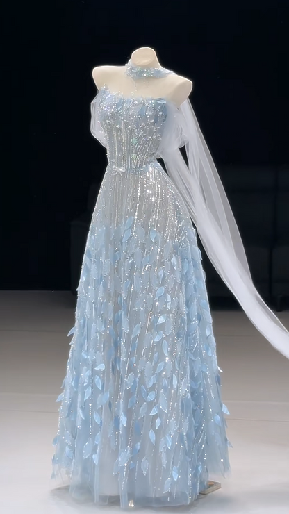 Pretty Pale Blue Prom Dress A-Line Tulle Long Evening Dress ED11175