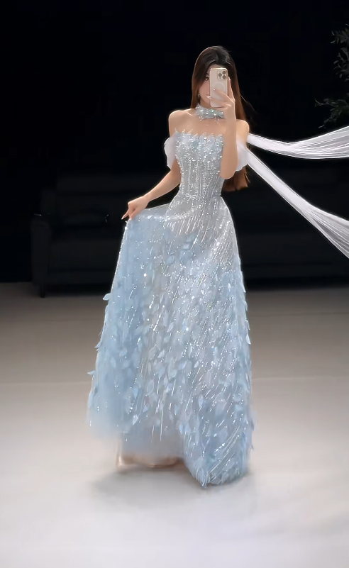 Pretty Pale Blue Prom Dress A-Line Tulle Long Evening Dress ED11175