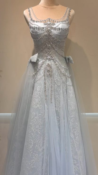 Pretty Blue Prom Dress Sheath Tulle Long Evening Dress ED11178