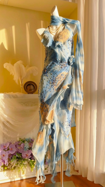 Vintage Blue Prom Dress Sheath Chiffon Floral Long Evening Dress ED11179