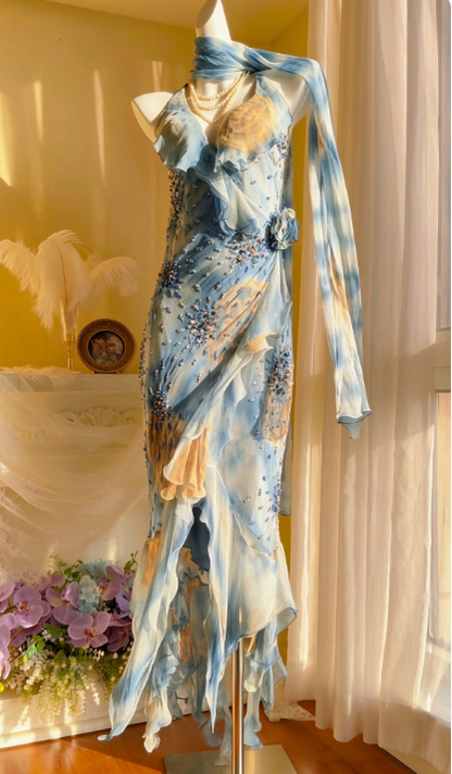 Vintage Blue Prom Dress Sheath Chiffon Floral Long Evening Dress ED11179