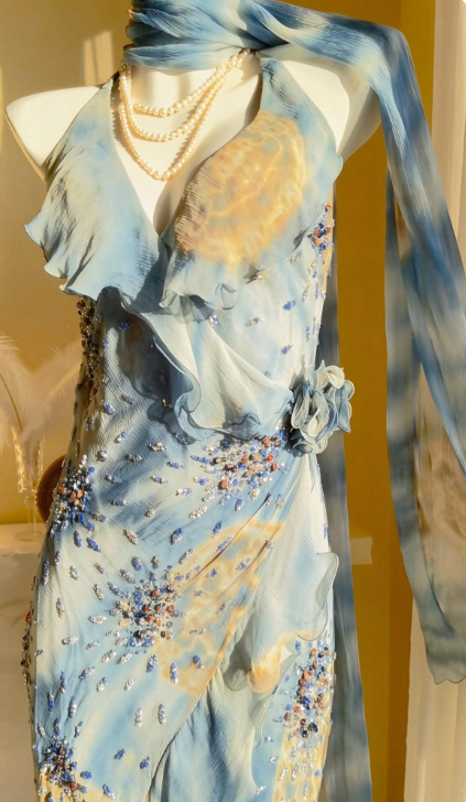 Vintage Blue Prom Dress Sheath Chiffon Floral Long Evening Dress ED11179