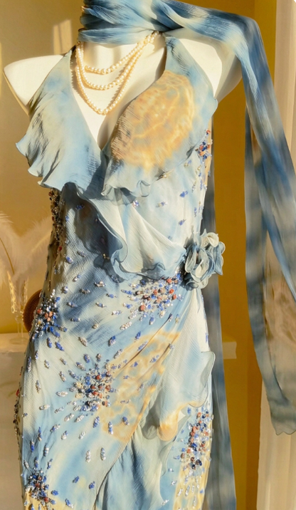 Vintage Blue Prom Dress Sheath Chiffon Floral Long Evening Dress ED11179