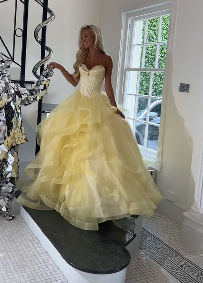 Chic Yellow Prom Dress A-Line Tulle Long Evening Dress ED11186
