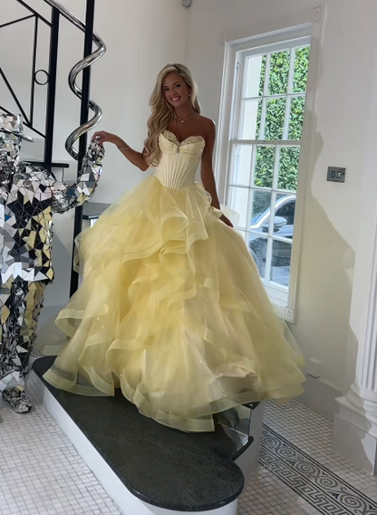 Chic Yellow Prom Dress A-Line Tulle Long Evening Dress ED11186
