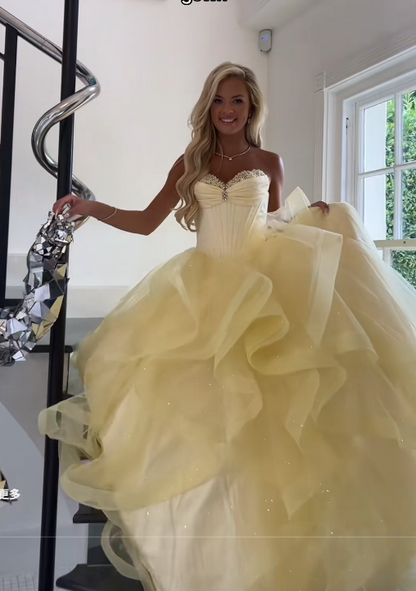 Chic Yellow Prom Dress A-Line Tulle Long Evening Dress ED11186