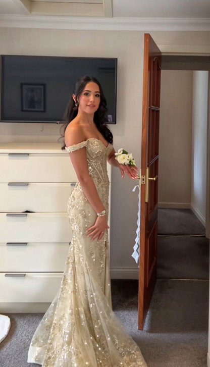 Chic Gold Prom Dress Sheath Sequins Tulle Long Evening Dress ED11187