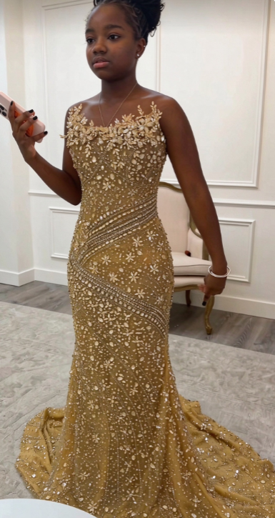 Robe de bal chic dorée fourreau à diamants et tulle, longue robe de soirée ED11188