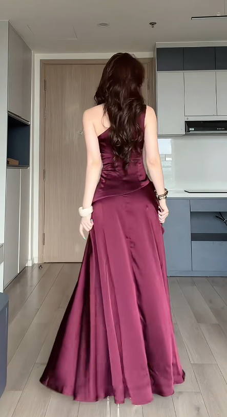 Chic Burgundy Prom Dress Sheath Satin Long Evening Dress ED11190