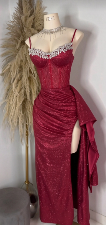 Chic Red Prom Dress Sheath Sequins Satin Long Evening Dress ED11191
