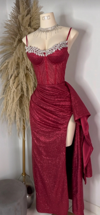 Chic Red Prom Dress Sheath Sequins Satin Long Evening Dress ED11191