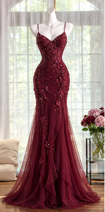 Chic Red Prom Dress Sheath Chiffon Beaded Long Evening Dress ED11193