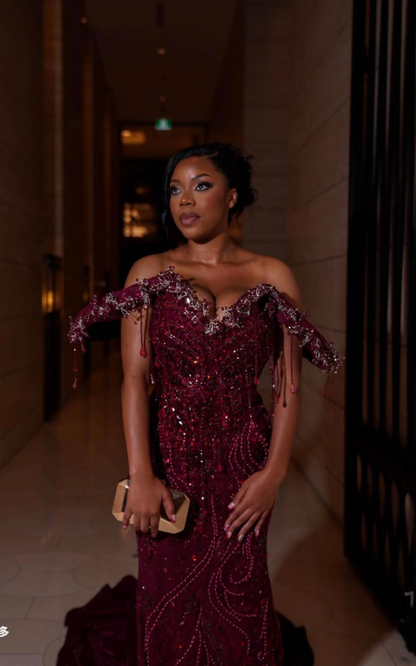 Robe de bal chic bordeaux fourreau en tulle perlée robe de soirée longue ED11195