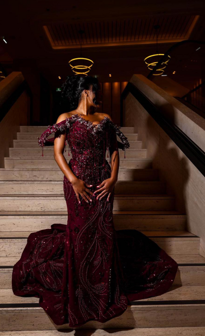 Robe de bal chic bordeaux fourreau en tulle perlée robe de soirée longue ED11195