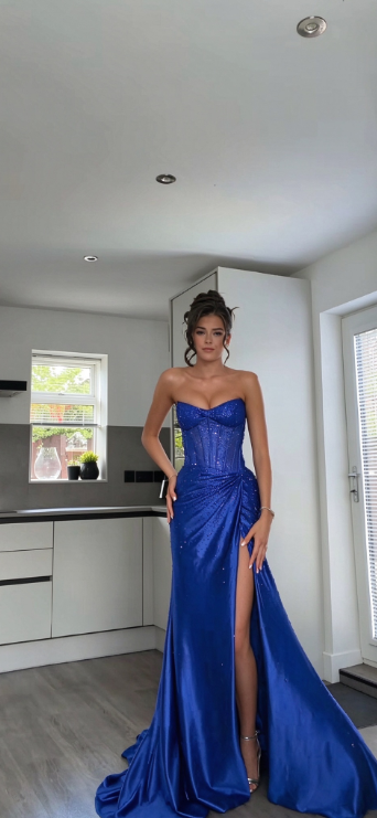 Robe de bal bleu chic fourreau en satin longue robe de soirée ED11196