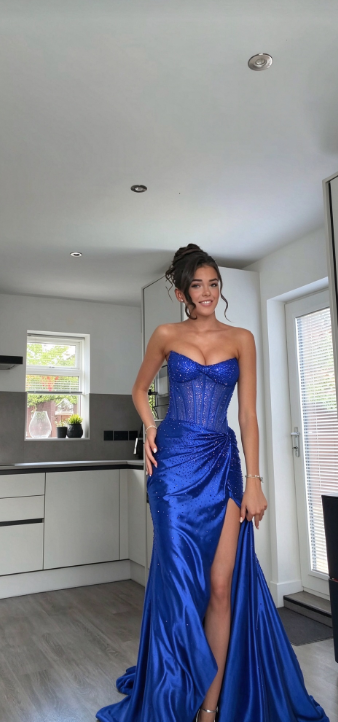 Robe de bal bleu chic fourreau en satin longue robe de soirée ED11196