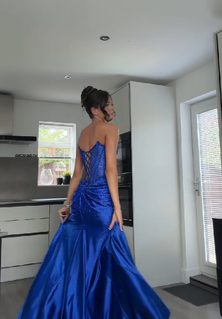 Robe de bal bleu chic fourreau en satin longue robe de soirée ED11196
