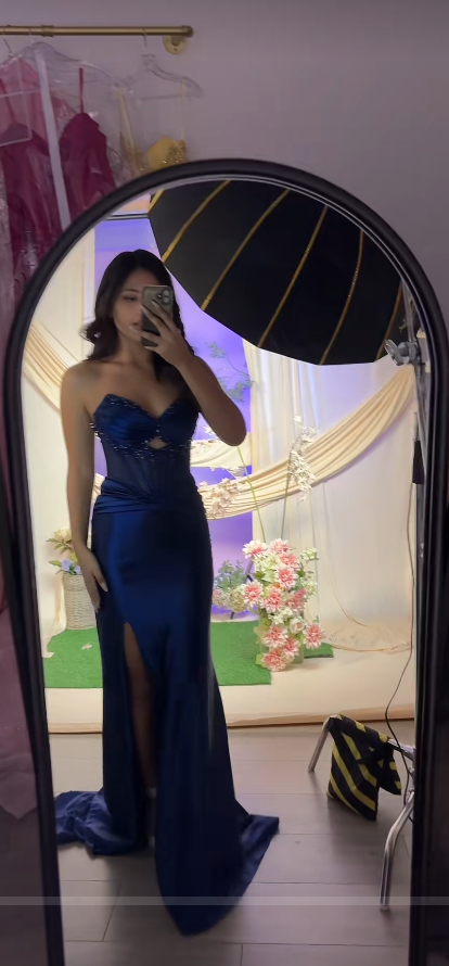 Chic Blue Prom Dress Sheath Satin Long Evening Dress ED11198