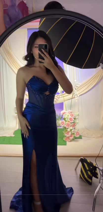Chic Blue Prom Dress Sheath Satin Long Evening Dress ED11198