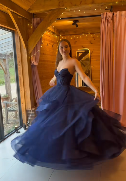 Chic Navy Blue Prom Dress A-Line Tulle Long Evening Dress ED11200