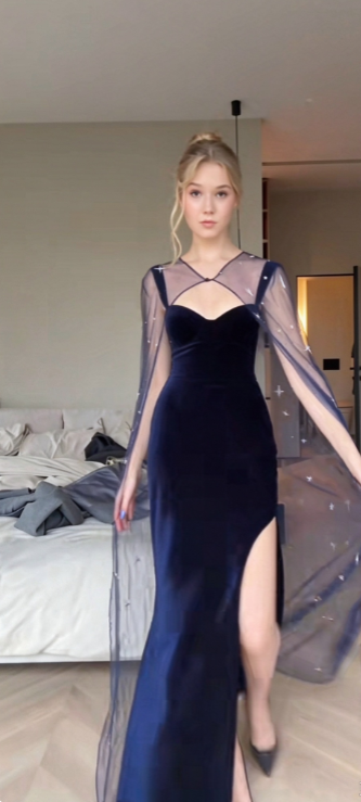 Chic Navy Blue Prom Dress Sheath Velvet Long Evening Dress ED11202