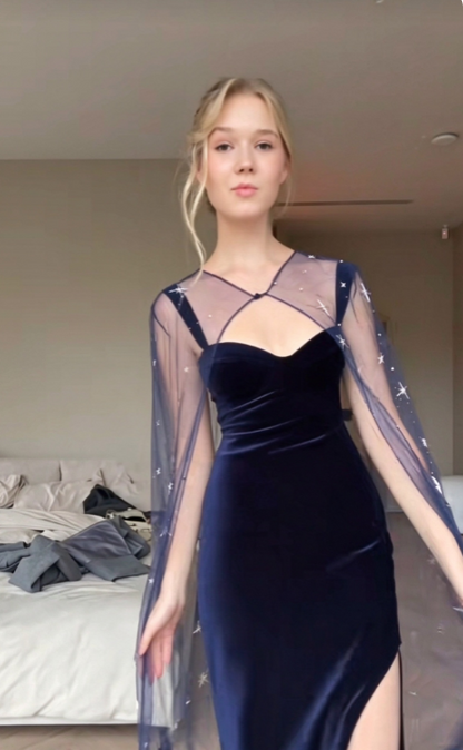 Chic Navy Blue Prom Dress Sheath Velvet Long Evening Dress ED11202