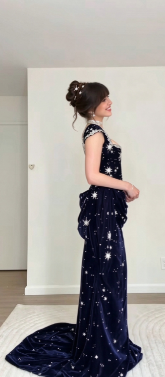 Chic Navy Blue Prom Dress Sheath Velvet Long Evening Dress ED11203