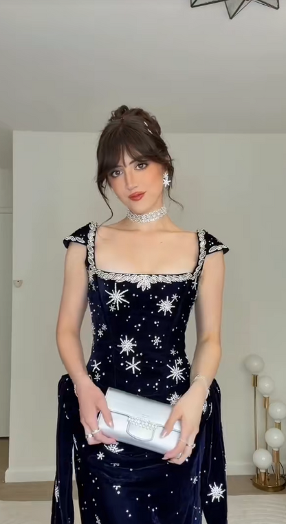 Chic Navy Blue Prom Dress Sheath Velvet Long Evening Dress ED11203