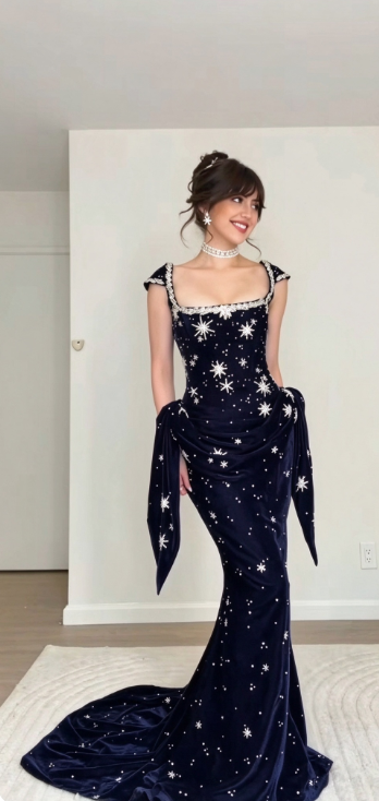 Chic Navy Blue Prom Dress Sheath Velvet Long Evening Dress ED11203