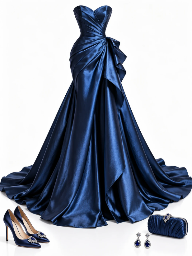 Robe de bal chic bleu marine fourreau en satin longue robe de soirée ED11205
