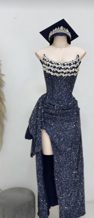 Chic Navy Blue Prom Dress Sheath Satin Long Evening Dress ED11207