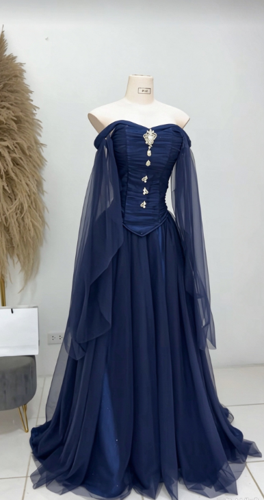 Chic Navy Blue Prom Dress A-Line Tulle Long Evening Dress ED11208