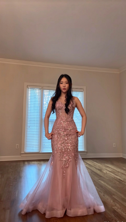 Robe de bal chic rose fourreau en tulle avec appliques longue robe de soirée ED11209